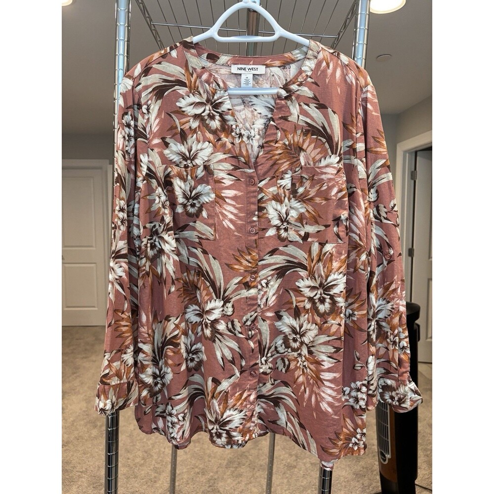 Nine West Jeans Women’s Plus 1X Long Sleeve Pink Floral Linen Viscose Blouse
